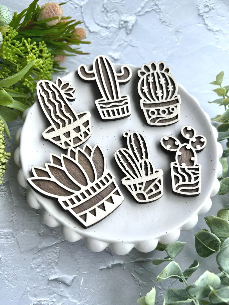 Laser Cut Succulent Fridge Magnets – Set of 6 Layered Wooden Cactus Designs