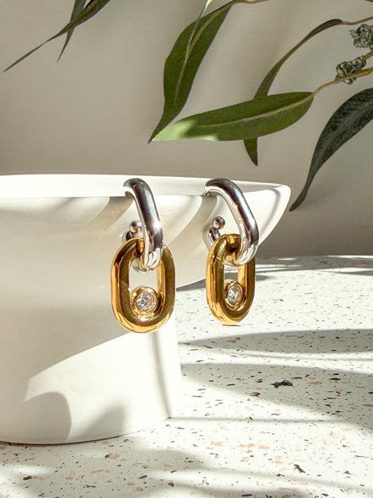 Freya Two Tone and Zircon Chunky Geo Drop Statement Earrings
