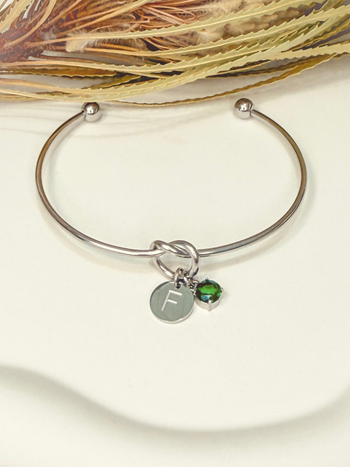 Knot Bangle with Initial & Birthstone Charm