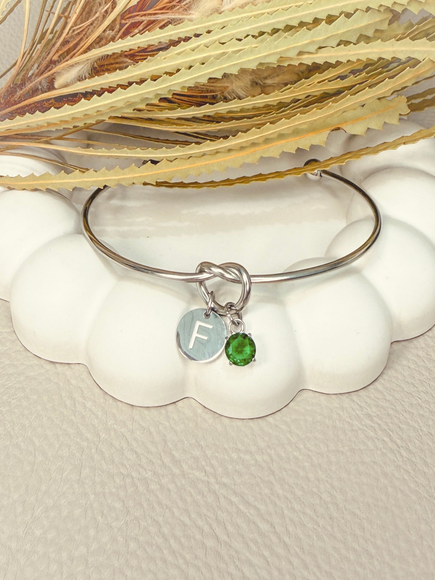 Knot Bangle with Initial & Birthstone Charm