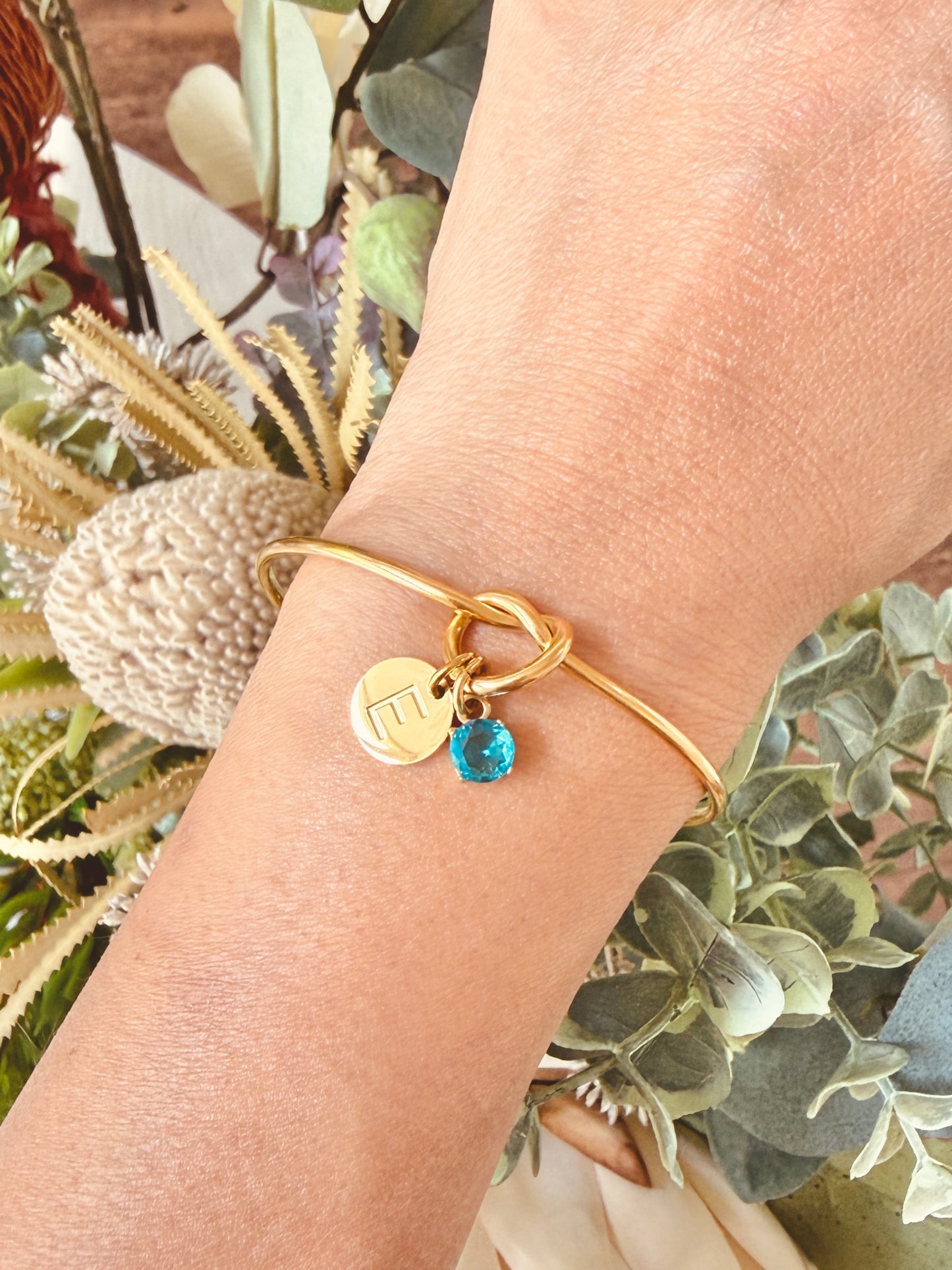 Knot Bangle with Initial & Birthstone Charm