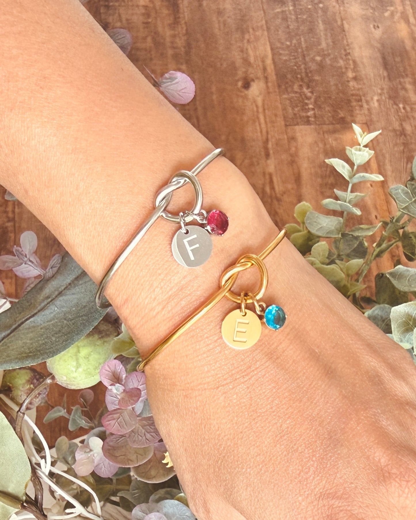 Knot Bangle with Initial & Birthstone Charm