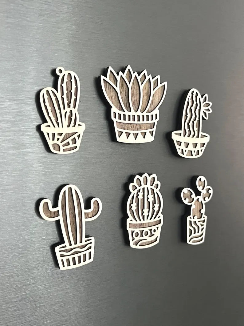 Laser Cut Succulent Fridge Magnets – Set of 6 Layered Wooden Cactus Designs