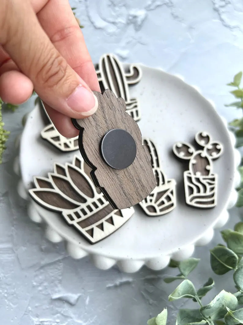 Laser Cut Succulent Fridge Magnets – Set of 6 Layered Wooden Cactus Designs